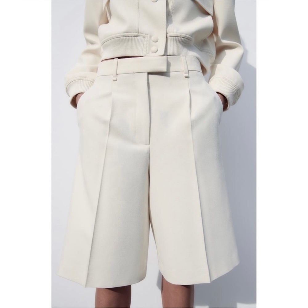 NWT. Zara Cream Tailored Bermuda Shorts - Picture 2 of 10
